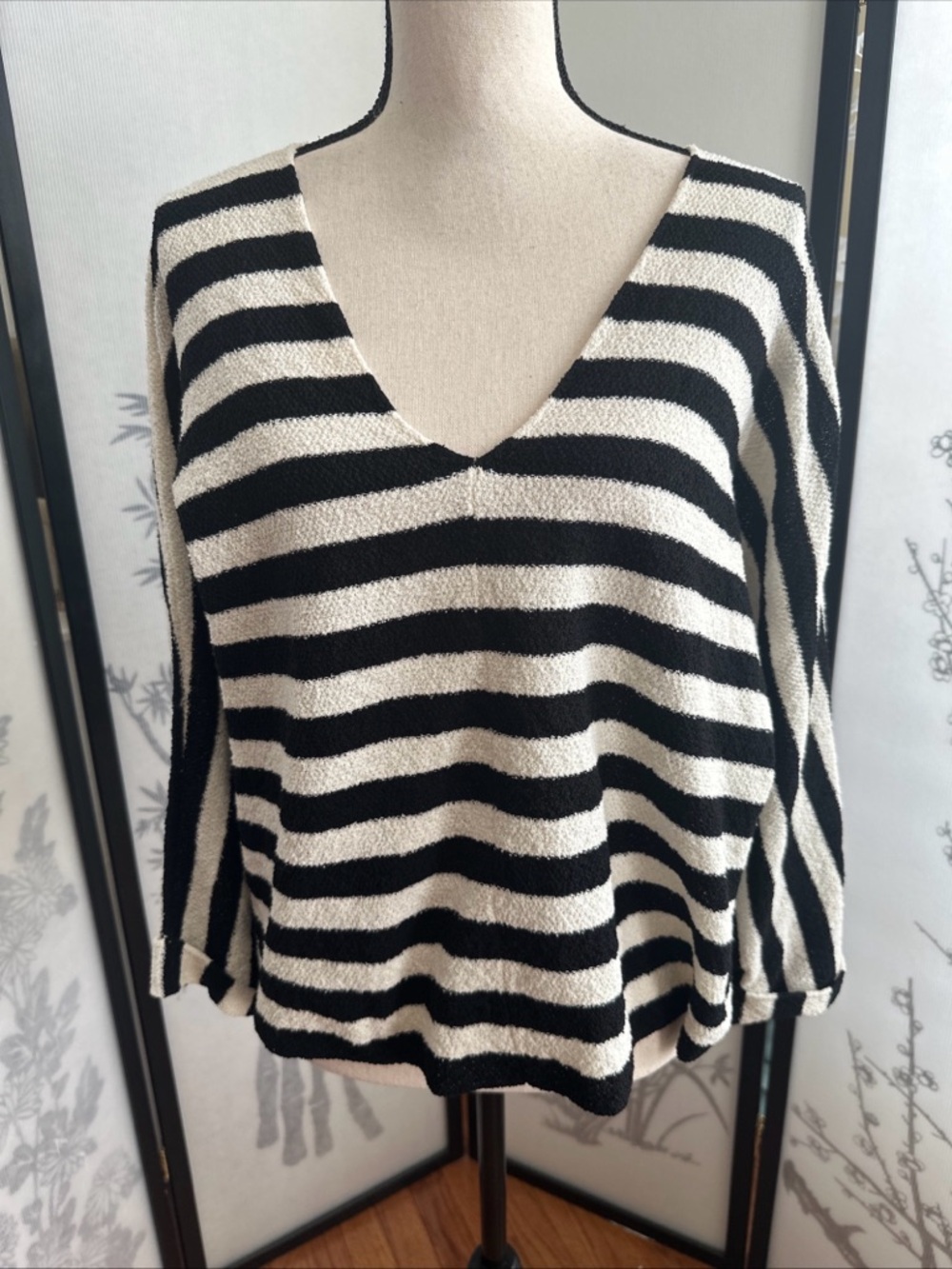 Zara Black and Cream Striped V-Neck Sweater